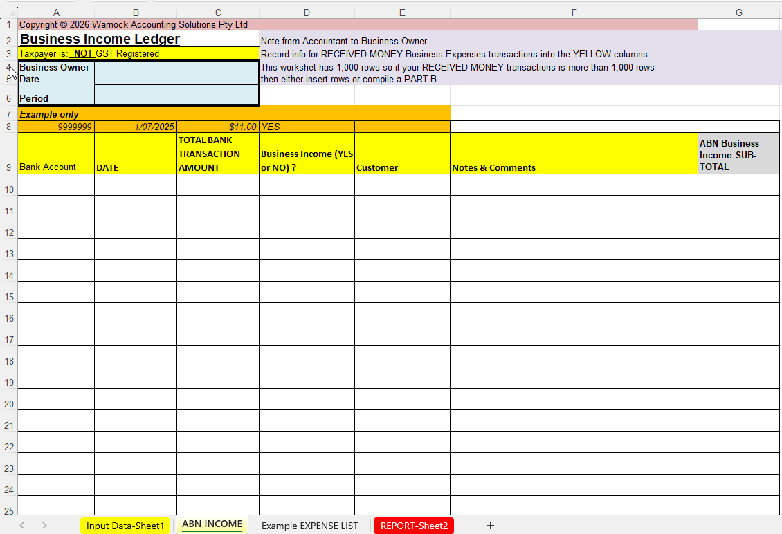 ABN Business Income via Excel